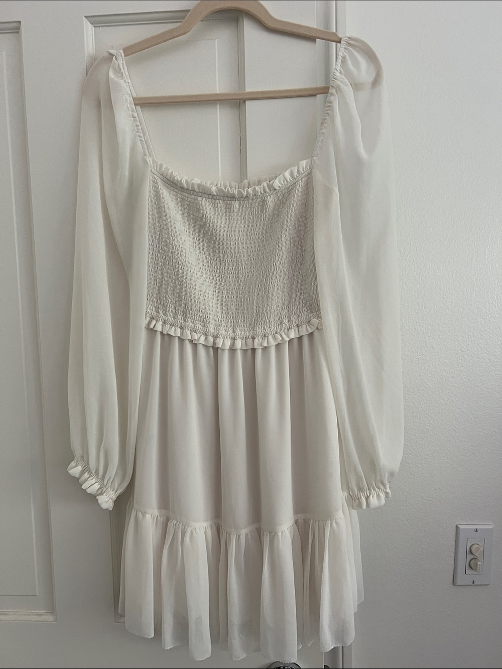 Aritzia Cream Long Sleeve Smocked Bodice Mini Dress
